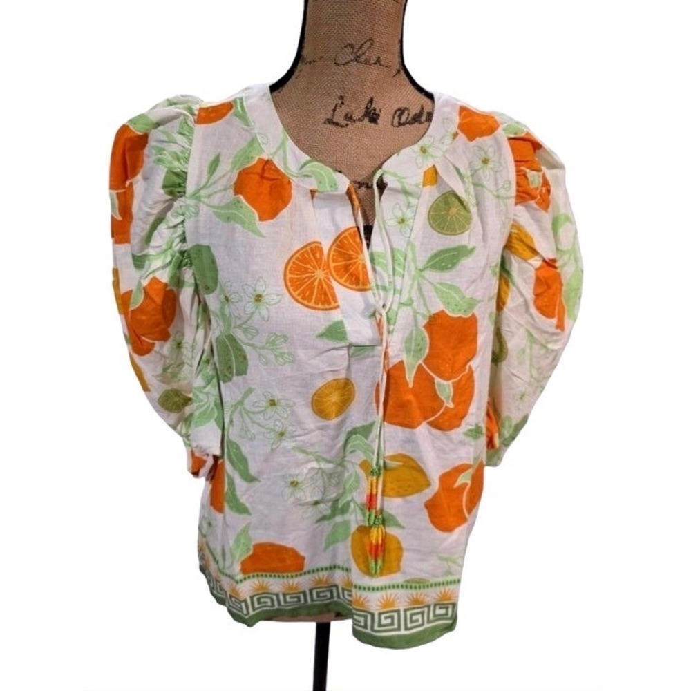 Rachel Zoe Citrus Print Linen Blend Puff Sleeve Blouse Orange Green White Size M
